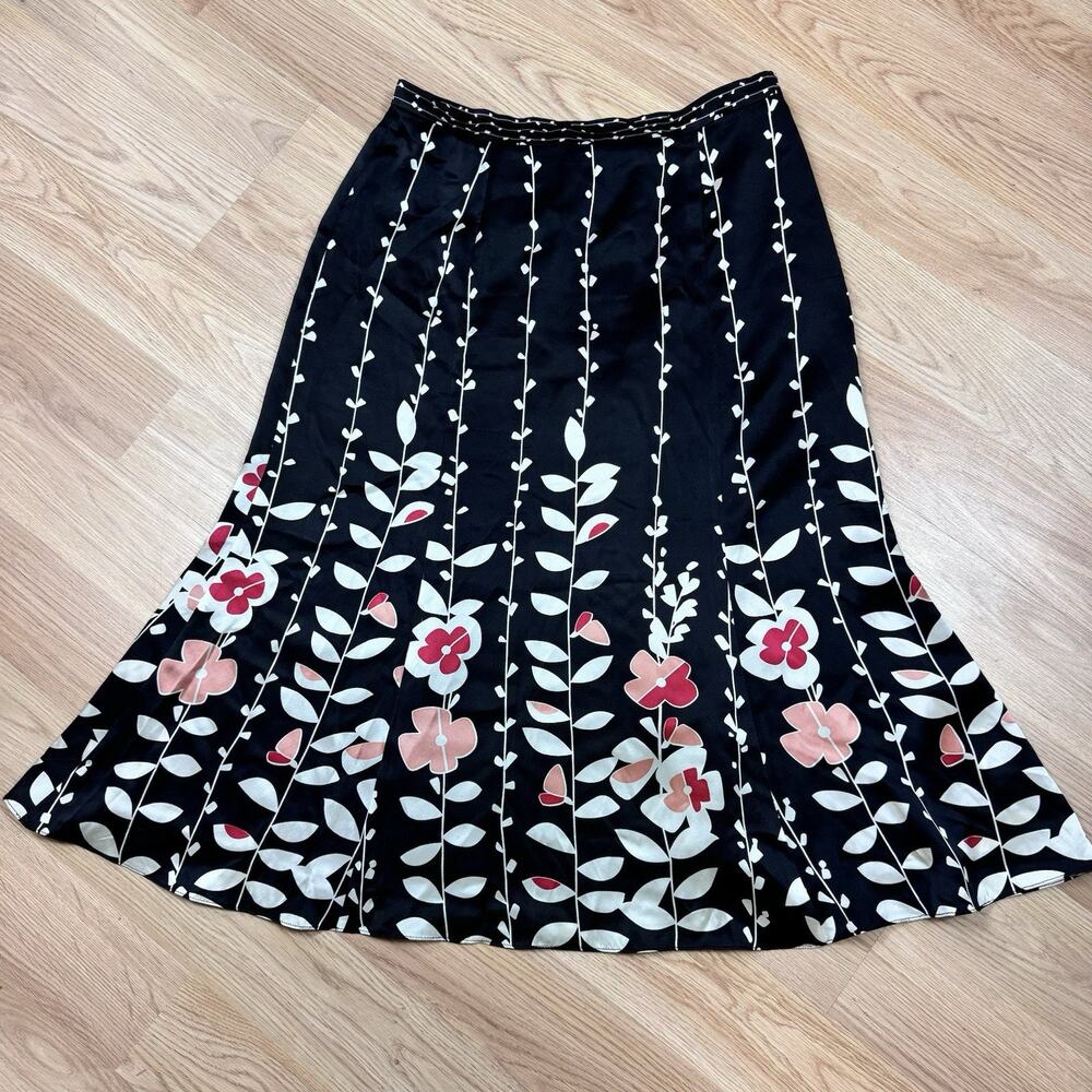 Talbots Pure Silk Skirt Black Floral Lining Career Flowy Silky Satin Mod Print